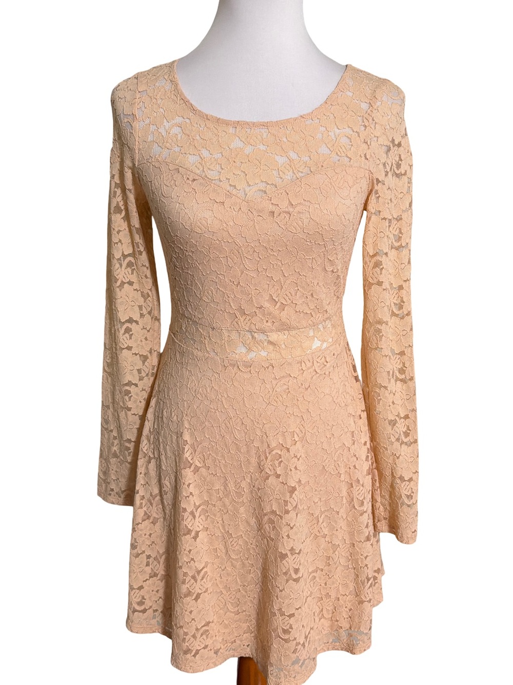 Material Girl Peach Lace Long Sleeve Fit Flare Dress